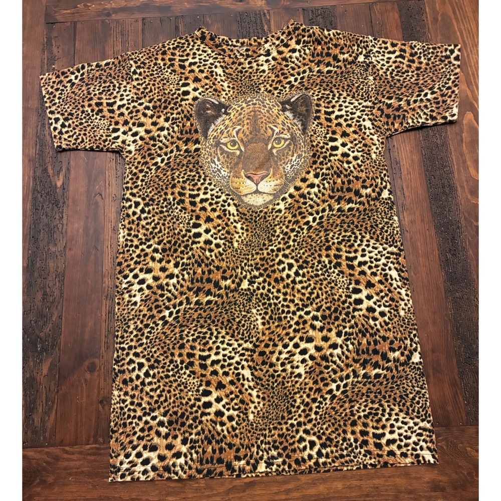Vintage Jungle Joe's Leopard Print Oversized Short Sleeve Sleep Shirt Mini Dress
